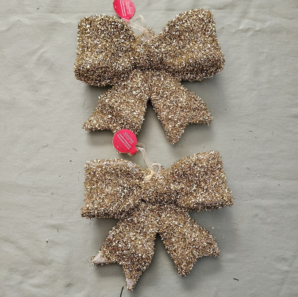 Set of Two Golden Glitter Sparkly‎ Christmas Bows Jumbo Ornaments Ashland Decor